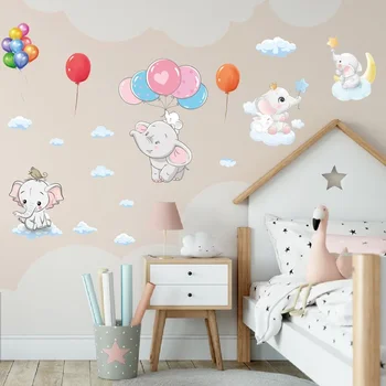 Карикатура балон летящ слон стикери за детска стая, спалня декорация, стенопис, декорация на дома, детска градина сладък аним