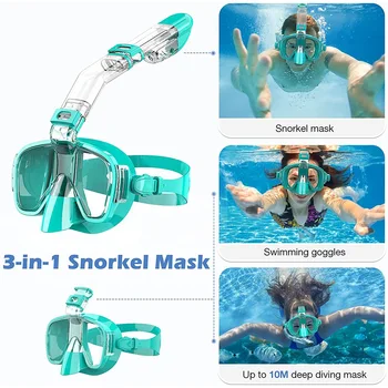 Snorkel Mask Foldable Diving Mask Set with Dry Top System and Camera Mount, Anti-Fog Professional Snorkeling Gear-Green