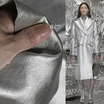 Затруднено сребро Изкуствена дебела кожа Текстура Дизайнерска тъкан Висок клас Pu палто водоустойчив палто плат