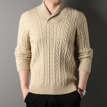 Модни мъжки обрат плетен пуловер плътен цвят хлабав v-образно деколте пуловер кръг яка удобни Harajuku Топ мъжки есен зима