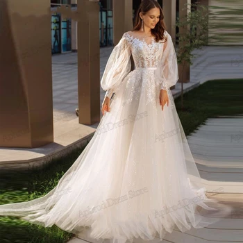 Принцеса сватбени рокли Романтични булчински рокли Дълги буфан ръкави A-Line тюл диференцирани халати за официално парти Vestidos De Novia