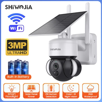 SHIWOJIA 3MP външна Wifi слънчева камера 7800mAh батерия с 6W слънчеви панели Цветно нощно виждане Слънчево захранвано видеонаблюдение