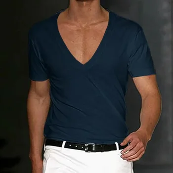 B1732 Мъжка тениска Шорти ръкав Дълбоко V-образно деколте върхове плътен цвят извънгабаритни тройници мъже улично облекло хлабав пуловер T ризи пролетта