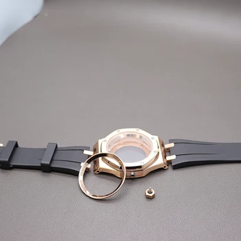 Розово злато Луксозен часовник случай гумена гривна за Seiko NH34 NH35 NH36 / 38 движение 28.5mm набиране от неръждаема стомана глава пръстен части