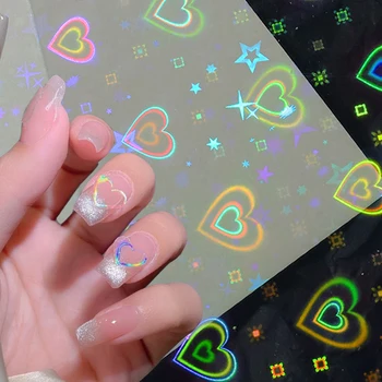 3D блясък Aurora лазер любов звезда нокти изкуство стикери лъскаво сърце звезда самозалепващи нокти ваденки DIY маникюр нокти декорация