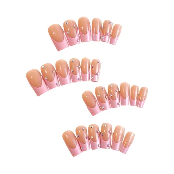 Розови съвети Sqaure фалшиви нокти лъскав дълъг квадрат за многократна употреба стик-он нокти за нокти изкуство начинаещи