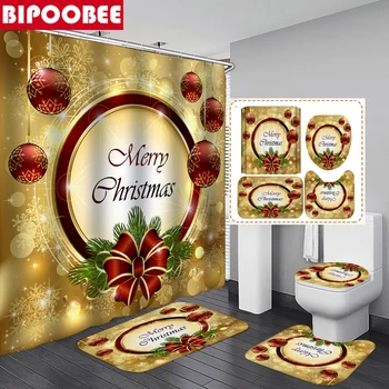 Весела Коледа душ завеса баня комплект фенер звънец златен модел баня завеси без хлъзгане тоалетна покритие етаж мат килим