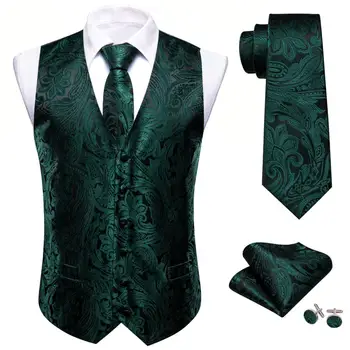Луксозна рокля жилетка за мъже коприна бродирани тъмно зелено реколта официални костюми жилетка вратовръзка Hanky комплект без ръкави яке Бари Уанг