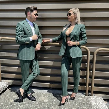 Зелени раирани костюми двойки съвпадение облекло комплект мъжки дамски еднакви за сватба официално облекло / Daily Street Casual 2022 Blazer панталони