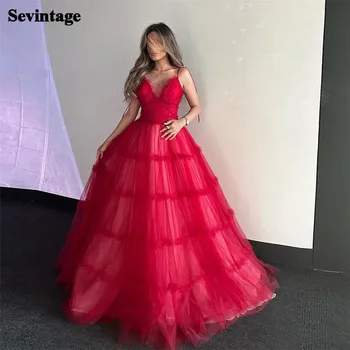 Sevintage елегантни арабски червени абитуриентски рокли Тюл спагети каишка Tiered A-Line парти Growns Ruched Дължина на пода vestidos de fie