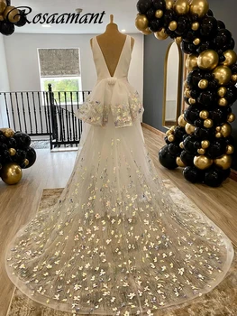 Simple V-образно деколте отворен обратно A-Line сватбени рокли без ръкави 3D флорални дантела лък булчински рокли роба De Mariée