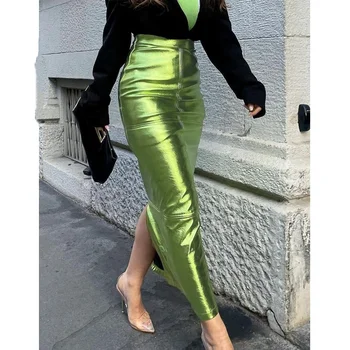 Секси блестящи цепки луксозни дълги поли жени висока талия металик зелено тънък макси пола 2023 лято елегантен рожден ден парти