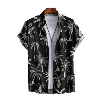 Лятна плажна риза Кокосово дърво печат Мъжка лятна риза Еднореден ревера жилетка за плажна ваканция стил мъже плажна риза