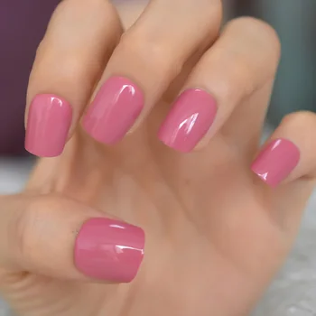 Многократна употреба лъскава преса върху фалшиви нокти тъмно розов квадрат къс гел покритие фалшиви нокти маникюр изкуство съвети 24pc за жени и момиче
