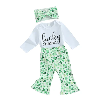 Baby Girl Lucky Pants Set 3Pcs Outfits Ританки Панталони с лента за глава Lucky Charm Дрехи