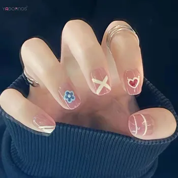 Glossy Square Fake Nails Sweet Style Line Love Heart Short Removable Nail Tips Full Cover Fake Nail For Holiday Birthday Gift