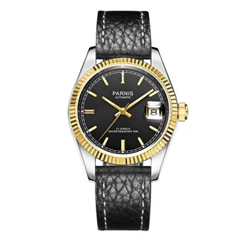 Parnis Royal Seriers Светеща мъжка кожена лента за часовници Мода Голям циферблат Двоен календар Автоматичен механичен часовник Ръчен часовник