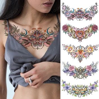 Цветна пеперуда голяма татуировка на гърдите за жени лък луна цвете водоустойчив временен стикер Tatoo талия изкуство мъже фалшиви татуировки