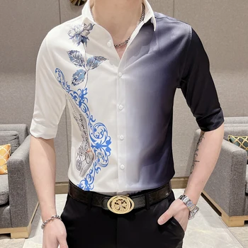 Моден стил Постепенно Цвят Риза с къс ръкав Мъже Лято Нов висококачествен тренд печат Красиви бързи сухи ризи Мъж
