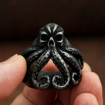 Мъже Ретро Скандинавски пиратски череп Октопод пръстени Готически неръждаема стомана череп Biker пръстен жени животински велосипедист бижута подарък на едро