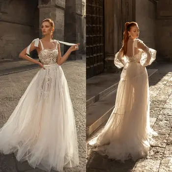 2021 Бохо сватбени рокли Подвижна дантела с дълъг ръкав Апликирана каишка за спагети Булчински рокли Robe De Mariée
