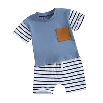 Новородено бебе момче шорти комплект летни дрехи къс ръкав екипажа врата тениска с раирани шорти облекло бебе облекло