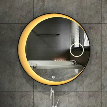 60cm 70cm 80cm LED светлини Лунно огледало High Quanlity Reflection Сребърно огледало с черна стоманена рамка Кръгло огледало за баня