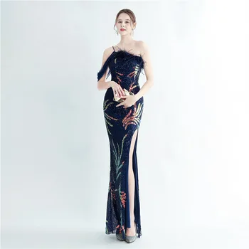 DongCMY Нова щраусова вълна занаятчийски формован висок клас тъмно синьо пайети вечерна рокля елегантна парти рокля за жени 2024 31212
