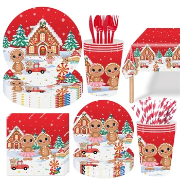 Red Christmas Gingerbread Man Тема Прибори за хранене за еднократна употреба Джинджифилова къща Хартиени чинии Чаши Хартиени кърпи Консумативи за парти