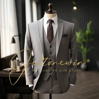 Blazer панталони бутик мода плътен цвят бизнес случайни мъжки костюм 3-парче комплект младоженец сватба рокля парти костюм