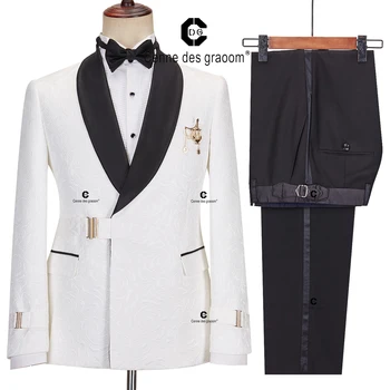 Cenne Des Graoom 2024 Мъжки костюми Черно и бяло флорални панталони Paisley Tuxedo Double Orded с единична метална странична катарама вечеря