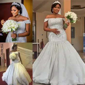 2021 Луксозни русалка сватбени рокли африкански разстояние рамото bling кристал мъниста капачка ръкави Vestidos де Noiva официален плюс размер