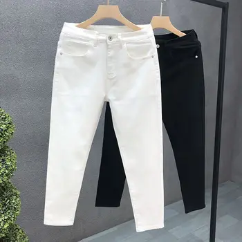 Моден луксозен дизайнер мъжки бели черни дънки Slim Fit корейски стил участък дънкови панталони за лятото участък кльощава дънки мъжки