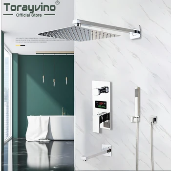 Torayvino Луксозна баня душ кранче комплект стенен душ системи валежи душ хром цифров дисплей миксер вода кран