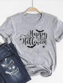 Tee Top Women Fall Autumn Ladies T-shirt Thanksgiving Letter Bat Trend 90s Clothes Halloween Graphic Print T Shirt Clothing
