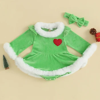 Бебе бебе момичета Коледа гащеризон рокля зелено чудовище дълъг ръкав пачуърк гащеризон + лък лента за глава Коледа дрехи
