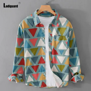Ladiguard 2024 Американски Европейски Моден Триъгълник Печат Жан блуза Мъжки Demin върховете Streetwear Lepal яка Demin риза blusas
