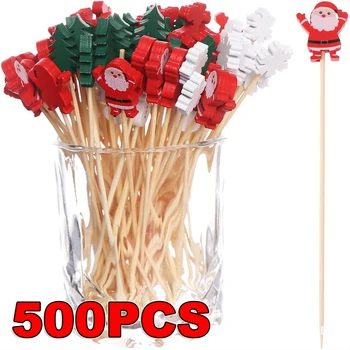 50Pcs / комплект Коледни плодови пръчици Бамбукови пръчици за еднократна употреба Снежинка коледно дърво лосове Дядо Коледа снежен човек пръчки Коледа орнаменти