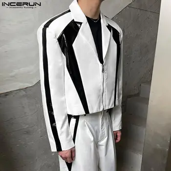Красиви добре прилепнали върхове INCERUN мъжки черно-бял контрастен цвят пачуърк блейзър случайни парти шоу мъжки костюм палта S-5XL