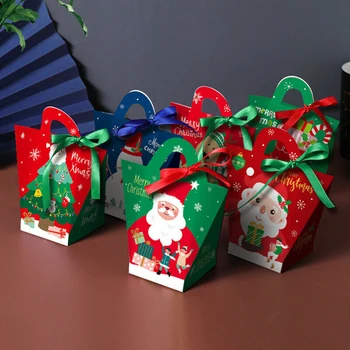 10Pcs Коледни подаръчни кутии с панделки Хартия Santa Snowmen Elk отпечатани бонбони бисквитка голяма пазарска чанта Коледа полза опаковка кутия