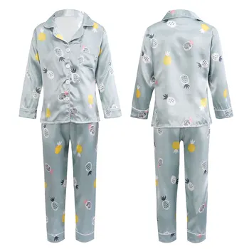 Детски сладък ананас печат пижама комплект за момичета дълъг ръкав върховете панталони спално облекло есен зима случайни сатен спално облекло пижами