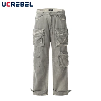 Multi-джоб затруднени прави крака товарни панталони мъжки хлабав измити сафари стил дънкови панталони мъже случайни дънки