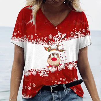 Коледа Elk T тениска за жени 3d сладък печат V-образно деколте върховете мода O-образно деколте жена облекло есен женско парти пуловер тениска 2023