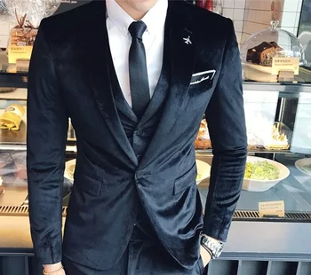 2020 Черно кадифе сватба мъже костюми три парчета по поръчка смокинги Terno Masculino човек блейзър (яке + панталон + жилетка + вратовръзка)