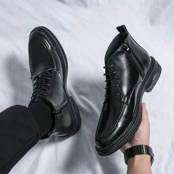 Лято нов британски стил ретро кожа мъжки кожени ботуши тенденция мода мъжки черни къси ботуши висок топ кожени обувки