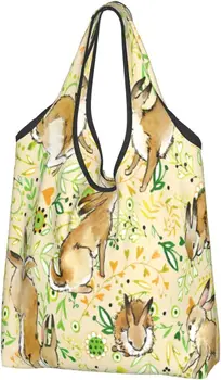 Кухненски чанти за многократна употреба Сладък заек зайче Акварел Пазарски чанти Миещи се сгъваеми торбички за носене Чанти за подаръци Трайни