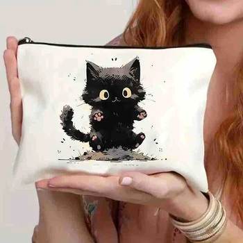 Черна котка животински отпечатани Козметична чанта на жените Мода карикатура училище молив случаи прост размер грим чанти практична чанта за съхранение