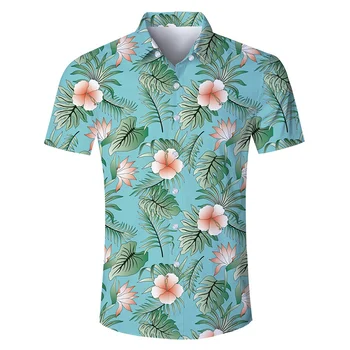 2024 Горещи продажба случайни мъжки ревера риза тънки естествени листа цветя къс ръкав риза модерен мъжки риза