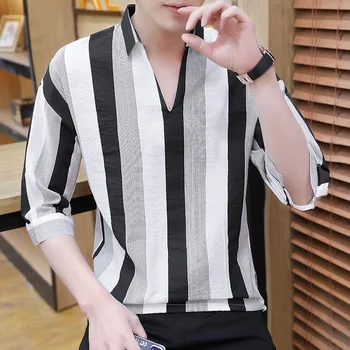 Мъжки ризи Три четвърти японски стил летни ежедневни ризи Черни младежки свободни къси ръкави пуловер раирани мъжки ризи