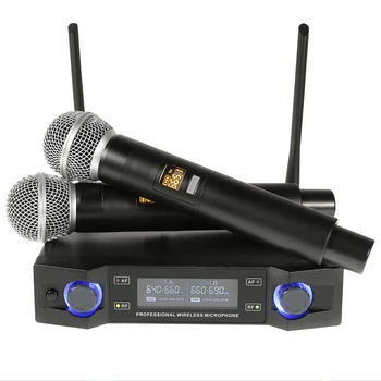 UHF безжична микрофонна система Професионална 2-канална двойна ръчна микрофон Караоке микрофон за пеене на реч Сватбено парти